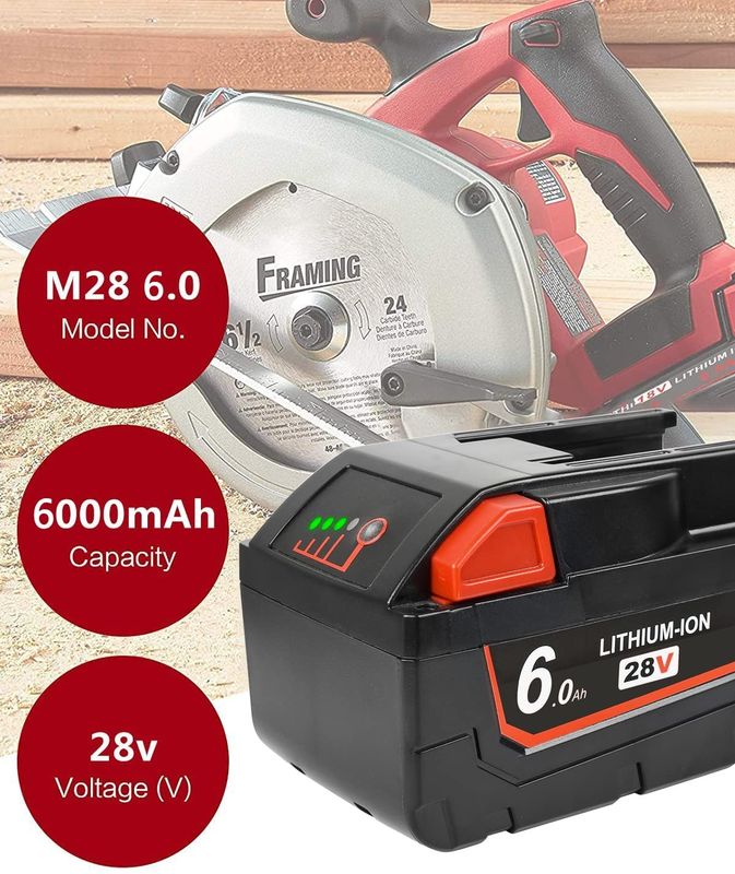 28V 6000mAh 슬라이드 팩 배터리 밀워키와 호환됩니다